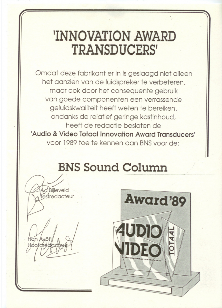 Innovation Award Transducters voor de BNS Sound Column.